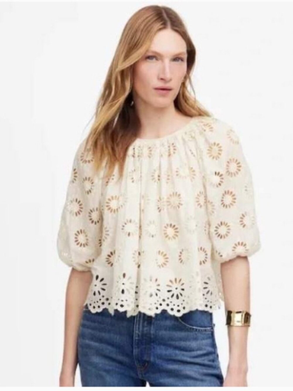 Madewell Embroidered Shirred Puff-Sleeve Top L